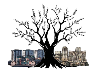 Olive tree with houses each side